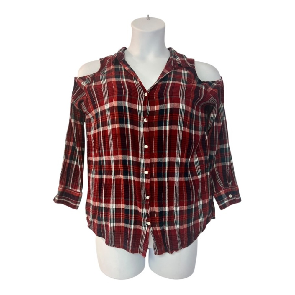 3/$15 Button Down Cold Shoulder Shirt CATO Red Plaid Casual Rayon Top size L
